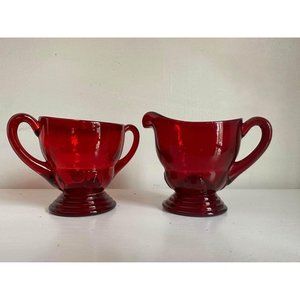 Vintage Ruby Red Glass Sugar Bowl and Creamer by Moondrops FLAW In Creamer.
